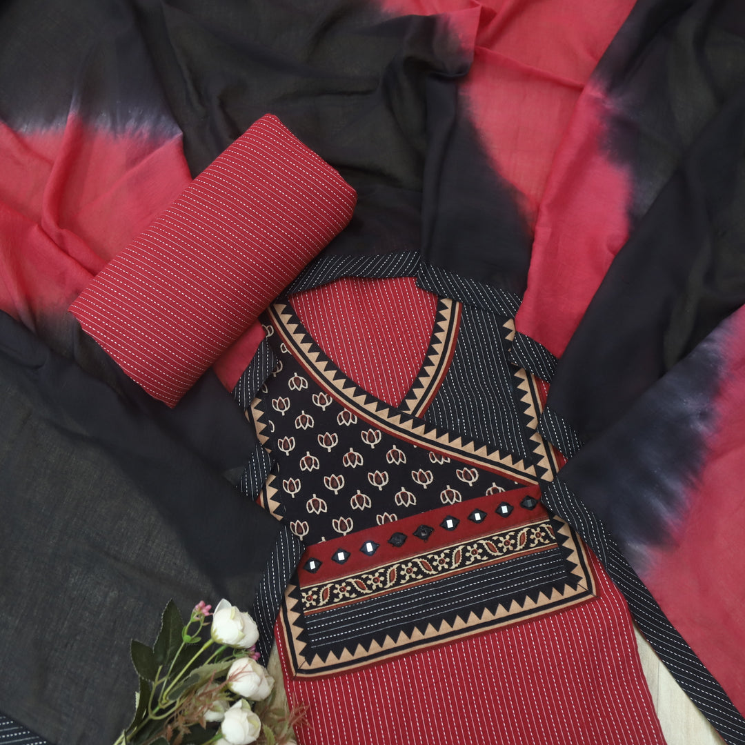 Sulari Maroon Ajrak Yock Patch in Running Stitch Angrakha Cotton Suit Set