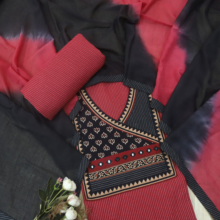 Sulari Maroon Ajrak Yock Patch in Running Stitch Angrakha Cotton Suit Set