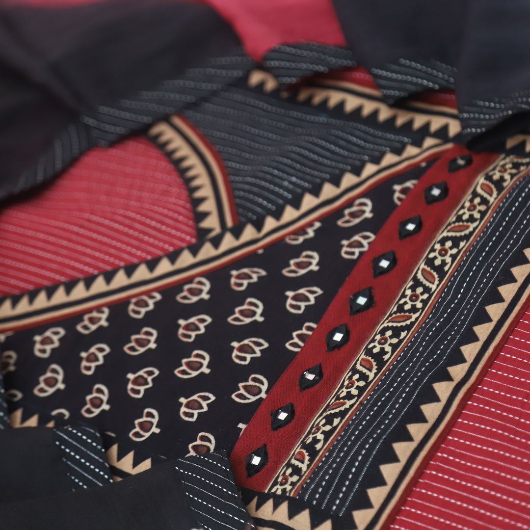 Sulari Maroon Ajrak Yock Patch in Running Stitch Angrakha Cotton Suit Set