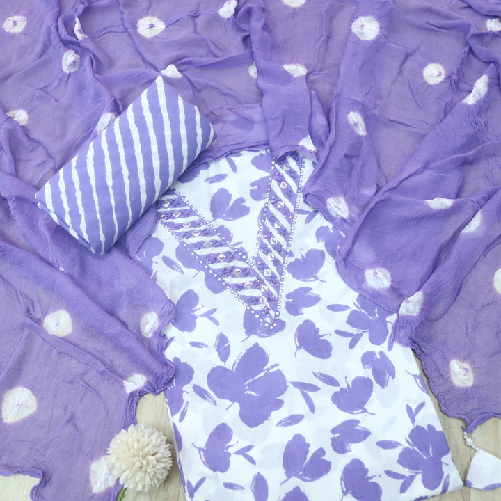 Rahi White with Lilac Floral Digital Print V Embellish Neck Cotton Suit Set D2