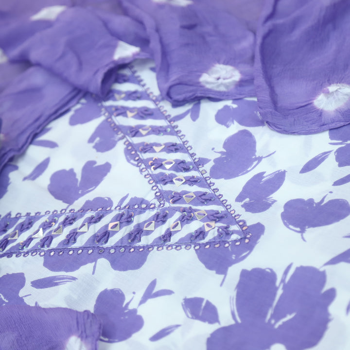 Rahi White with Lilac Floral Digital Print V Embellish Neck Cotton Suit Set D2