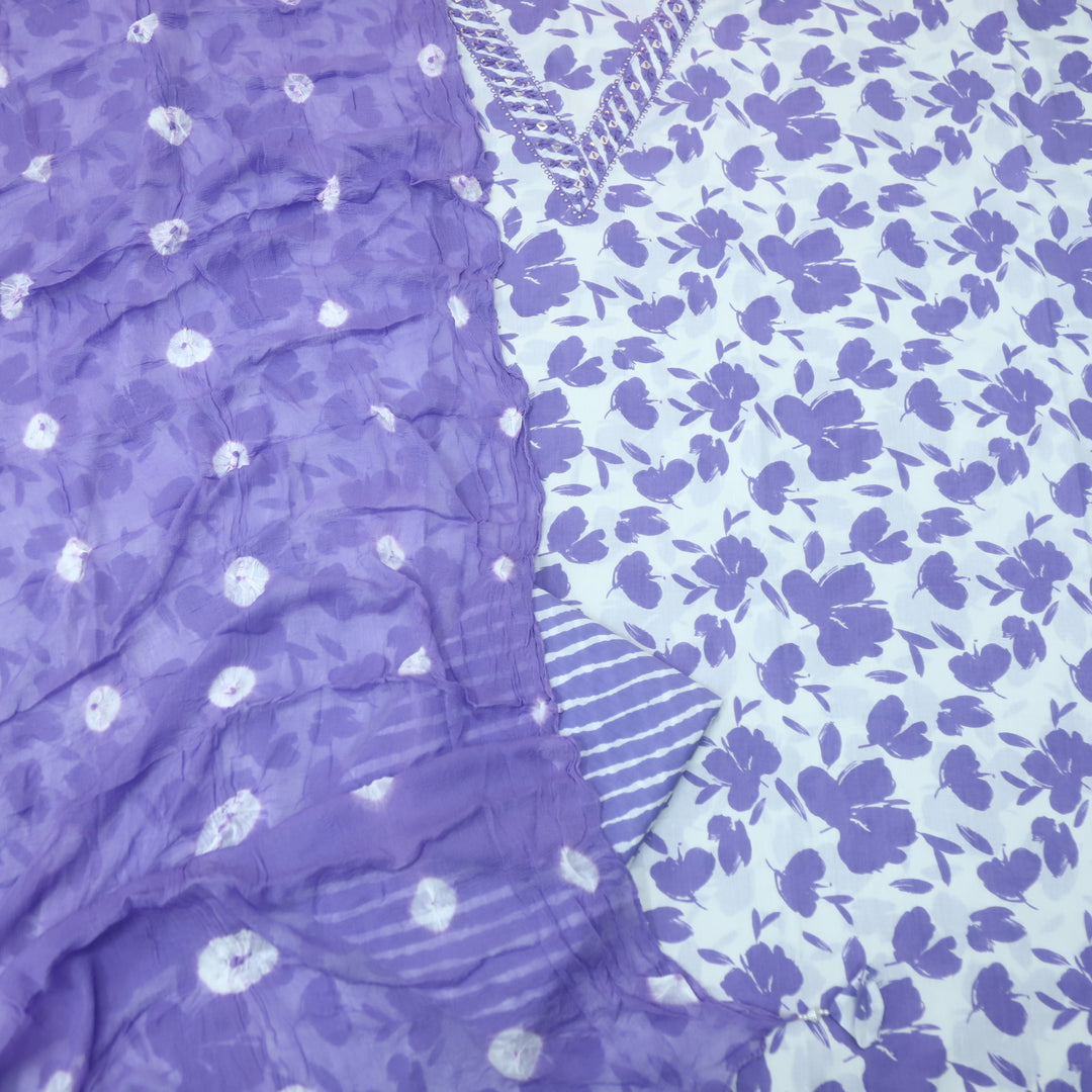 Rahi White with Lilac Floral Digital Print V Embellish Neck Cotton Suit Set D2
