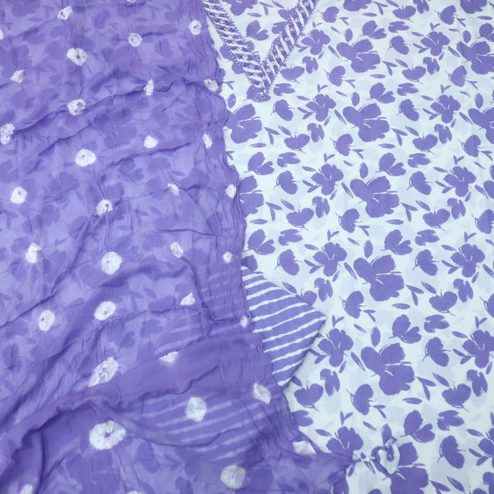 Rahi White with Lilac Floral Digital Print V Embellish Neck Cotton Suit Set D2