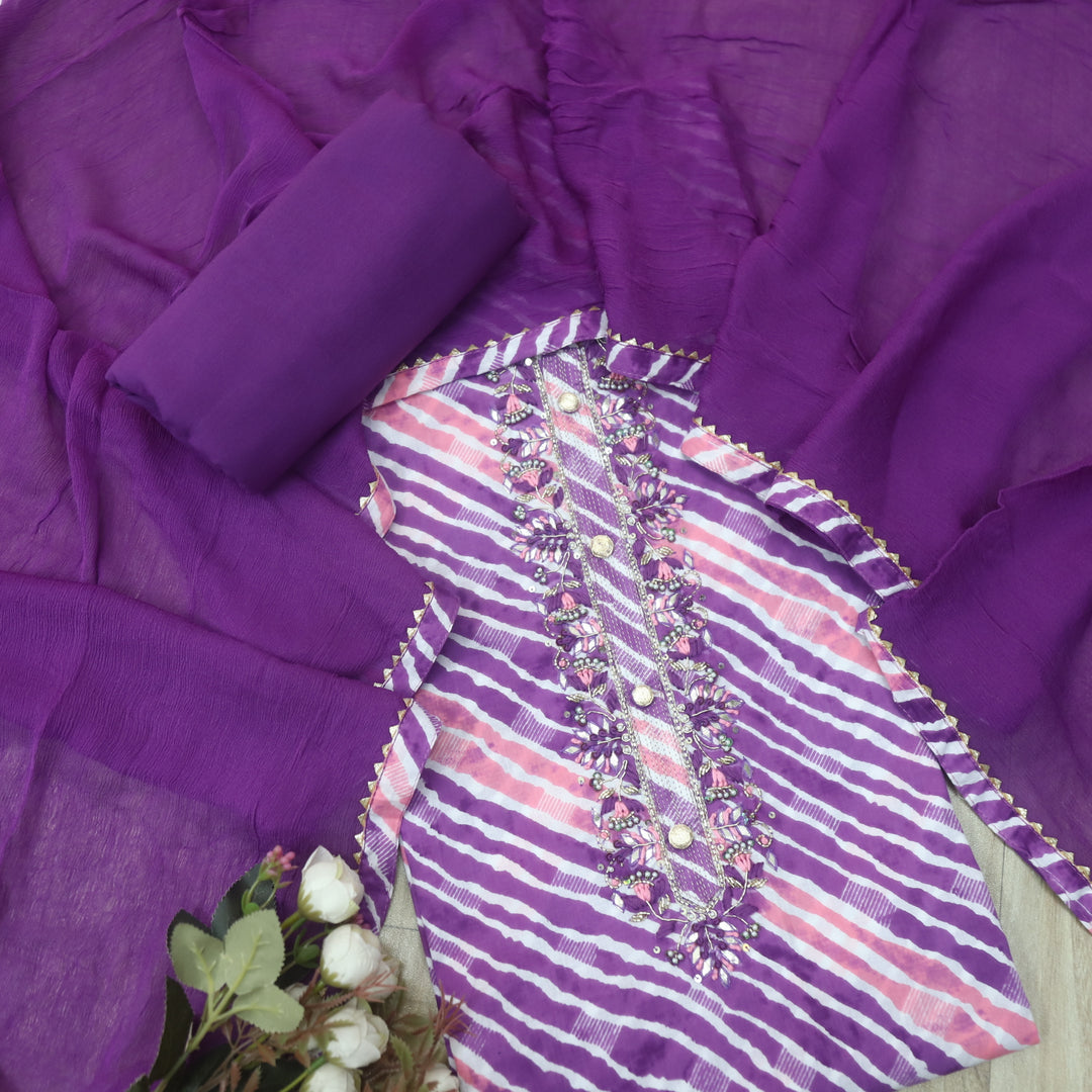 Rahi Orchid Purple Embellish Kardana Work In leheriya Print Cotton Suit Set D1