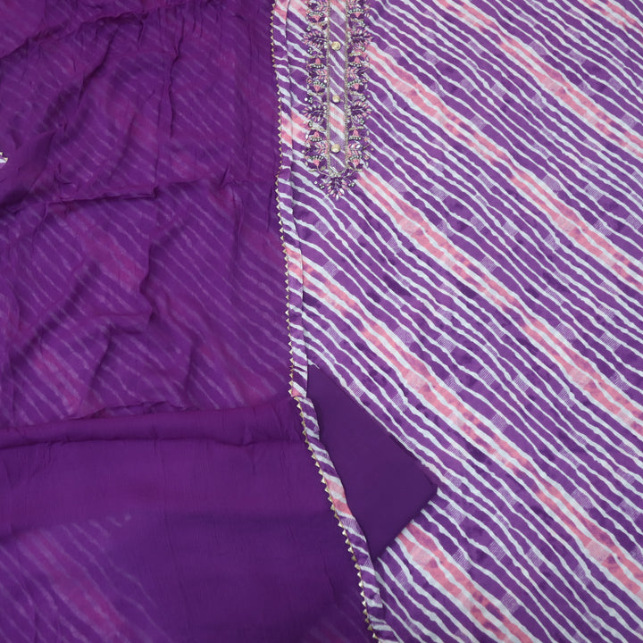 Rahi Orchid Purple Embellish Kardana Work In leheriya Print Cotton Suit Set D1