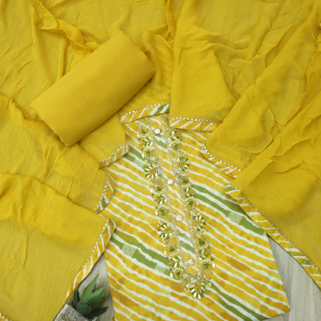 Rahi Canary Yellow Embellish Kardana Work In leheriya Print Cotton Suit Set