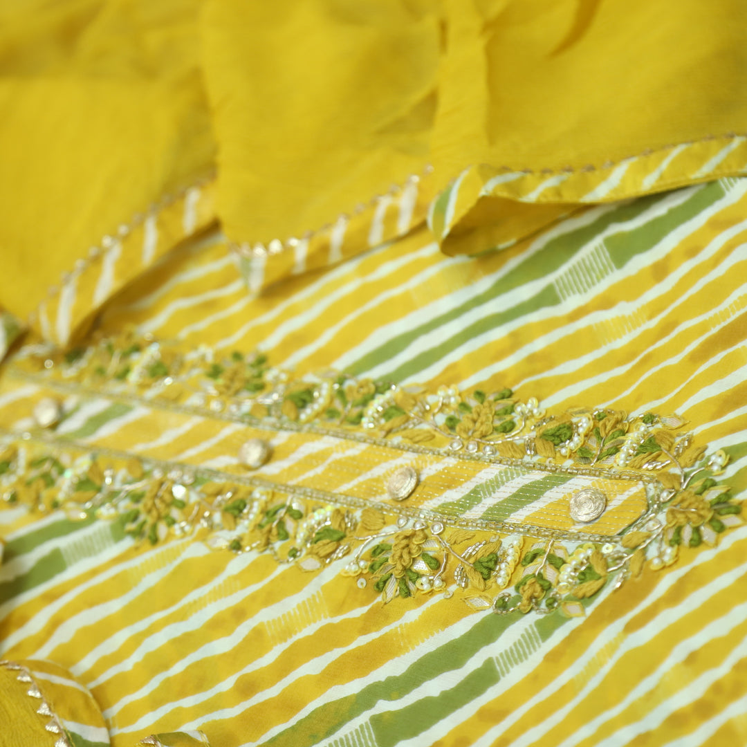 Rahi Canary Yellow Embellish Kardana Work In leheriya Print Cotton Suit Set
