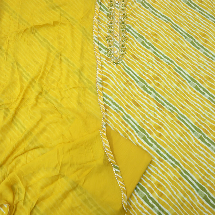 Rahi Canary Yellow Embellish Kardana Work In leheriya Print Cotton Suit Set