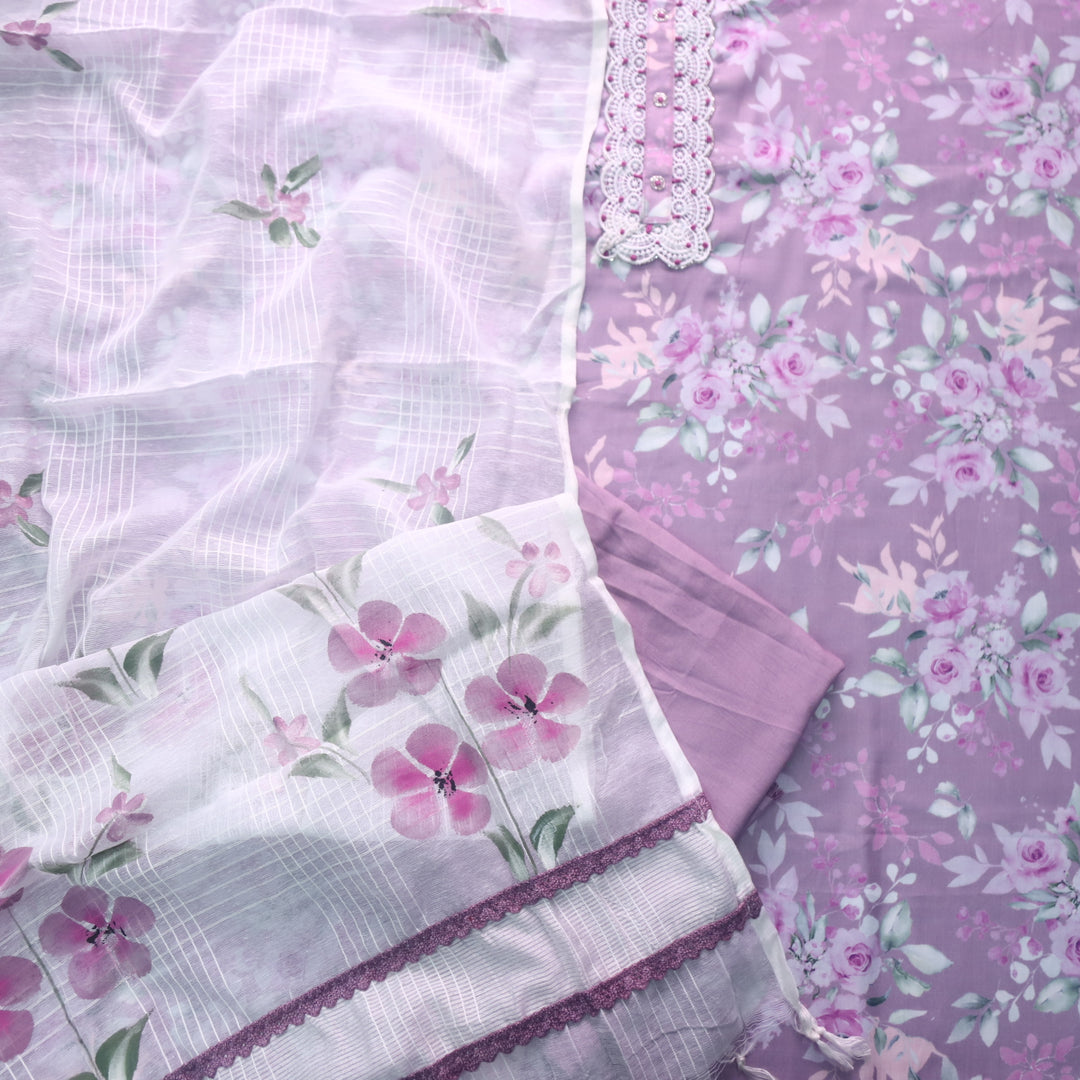 Zahiri Deep Lilac Lace Work Neck Floral Printed Cotton Rayon Suit Set