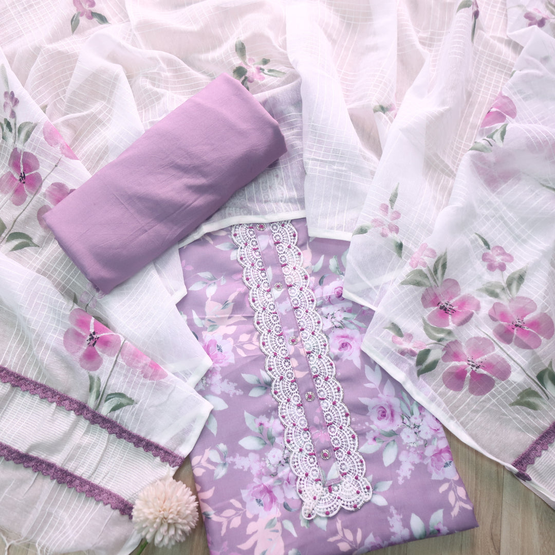 Zahiri Deep Lilac Lace Work Neck Floral Printed Cotton Rayon Suit Set
