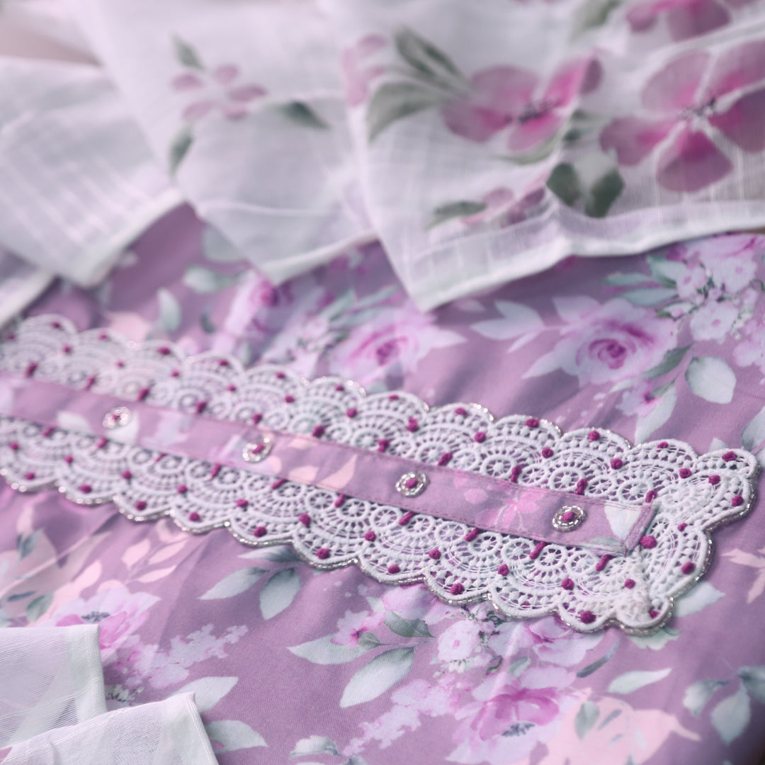 Zahiri Deep Lilac Lace Work Neck Floral Printed Cotton Rayon Suit Set