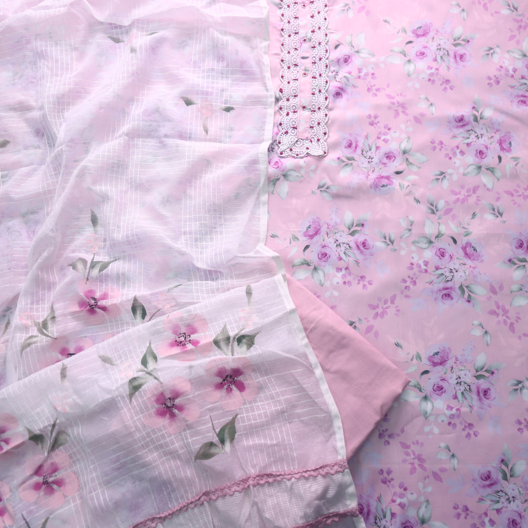Zahiri LIght Pink Lace Work Neck Floral Printed Cotton Rayon Suit Set