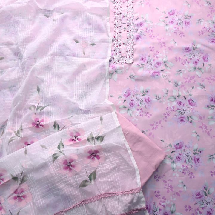 Zahiri LIght Pink Lace Work Neck Floral Printed Cotton Rayon Suit Set