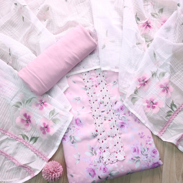 Zahiri LIght Pink Lace Work Neck Floral Printed Cotton Rayon Suit Set