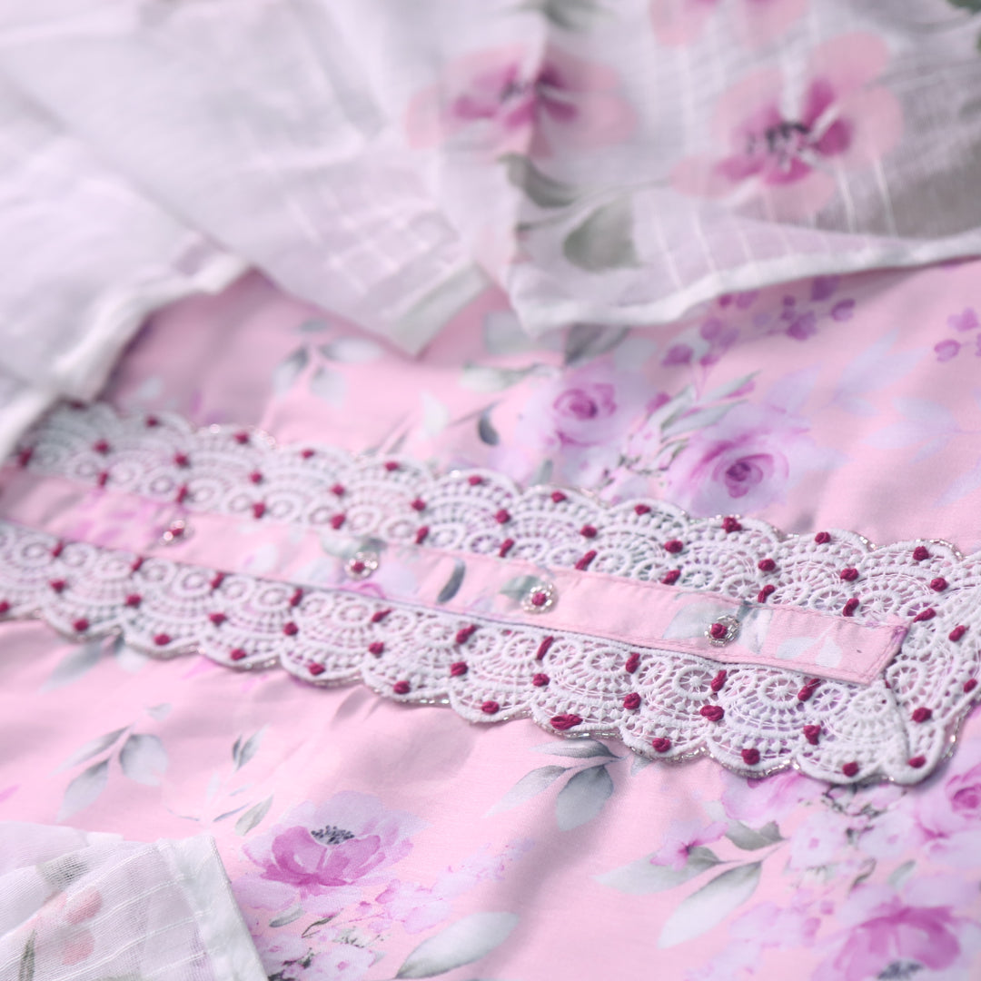 Zahiri LIght Pink Lace Work Neck Floral Printed Cotton Rayon Suit Set