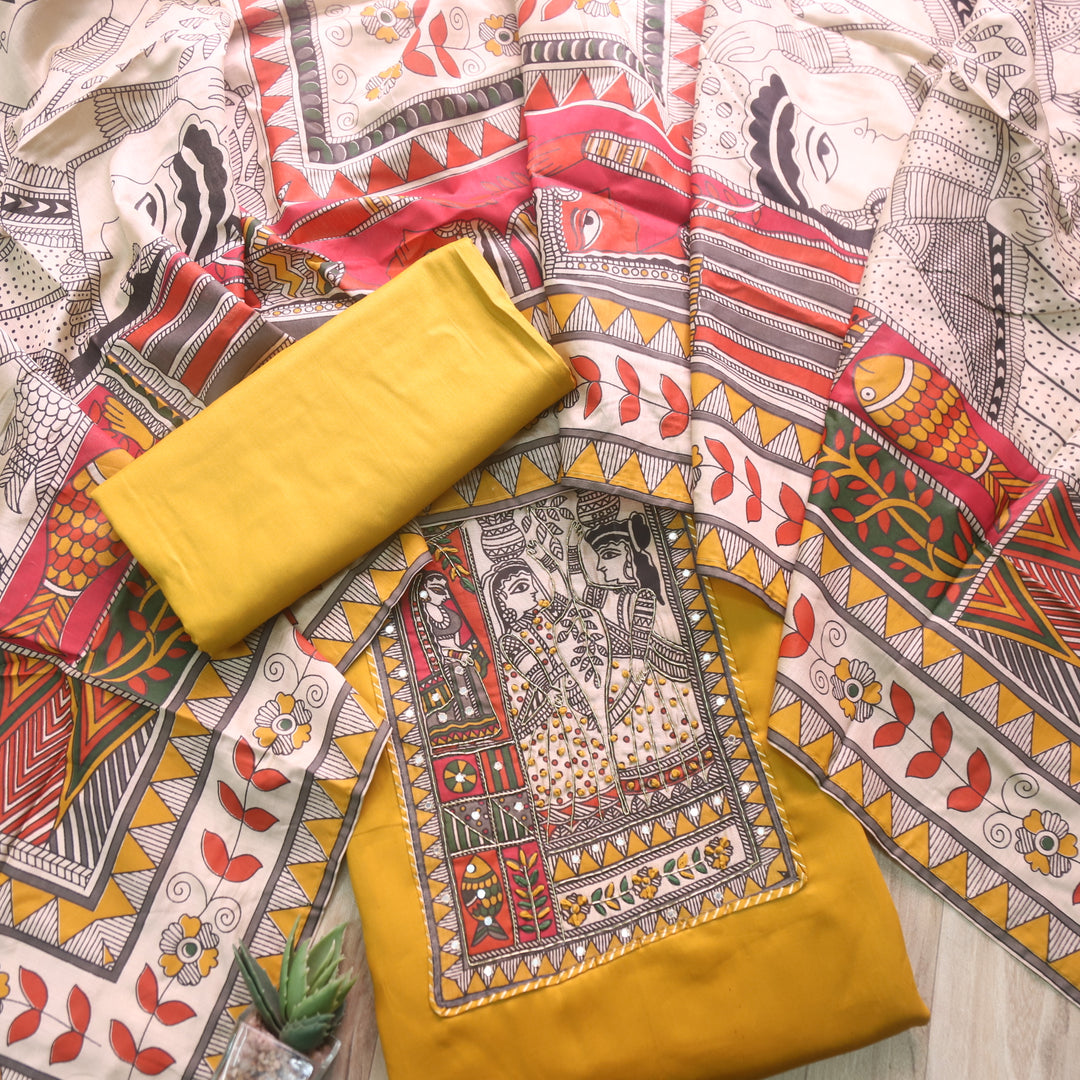 Vastra Bright Yellow Madhubani Patch with Spiral Jam Cotton Satin Suit Set