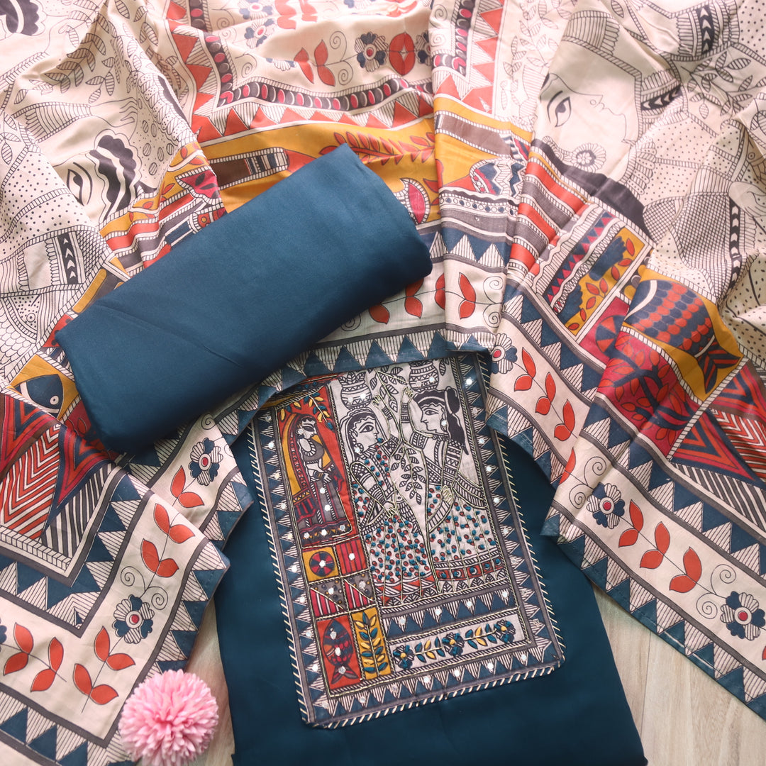 Vastra Navy Blue Madhubani Patch with Spiral Jam Cotton Satin Suit Set