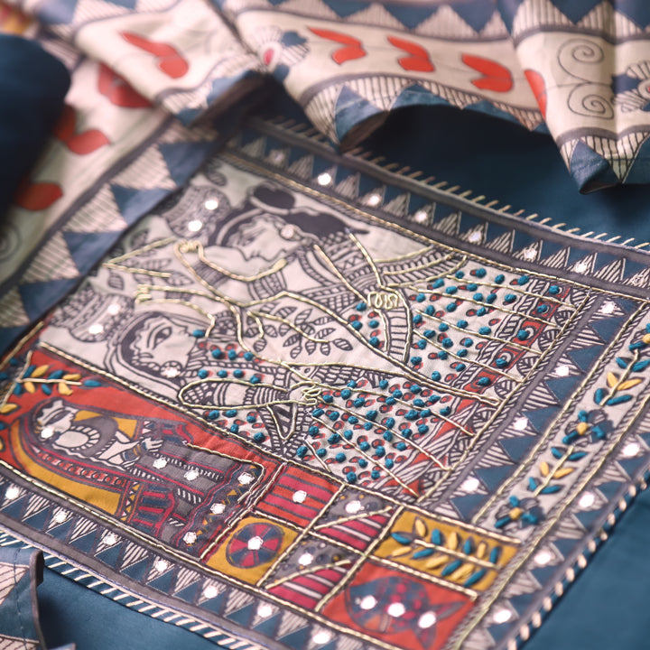 Vastra Navy Blue Madhubani Patch with Spiral Jam Cotton Satin Suit Set