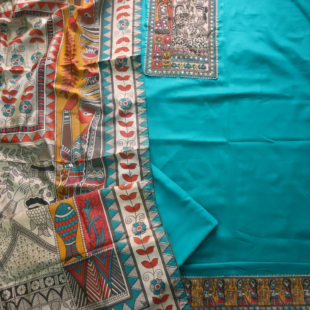 Vastra Teal Aqua Madhubani Patch with Spiral Jam Cotton Satin Suit Set