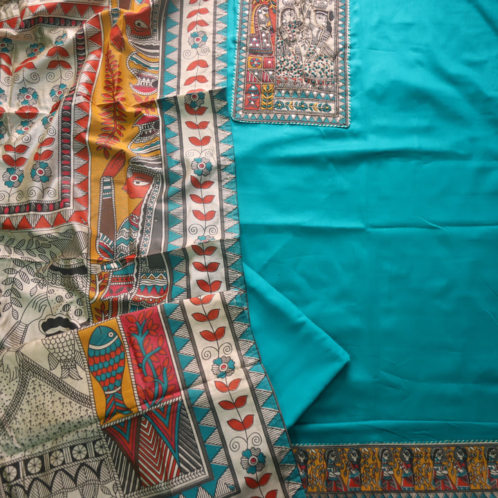 Vastra Teal Aqua Madhubani Patch with Spiral Jam Cotton Satin Suit Set