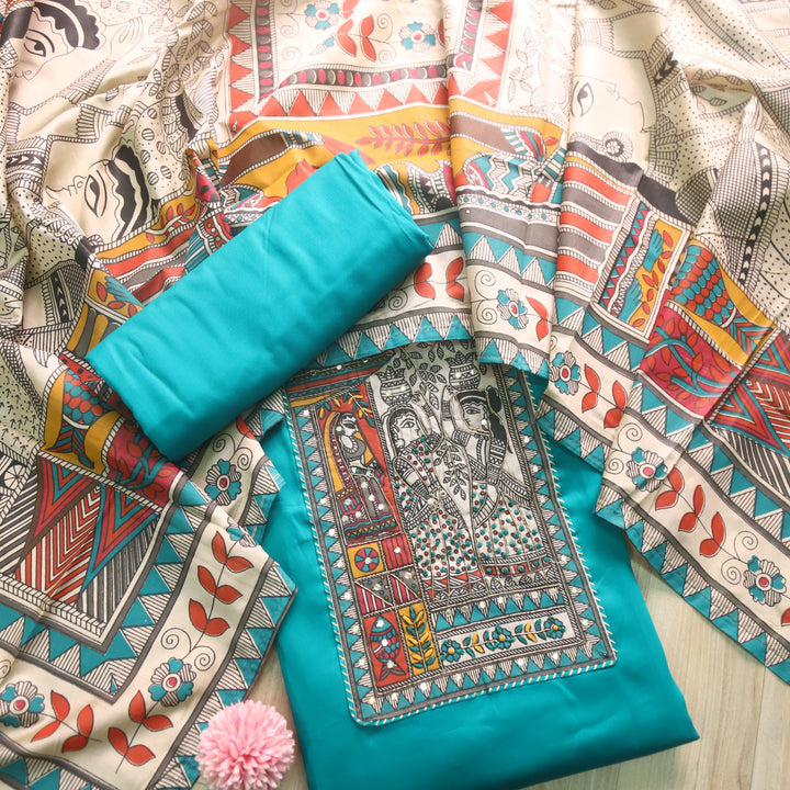 Vastra Teal Aqua Madhubani Patch with Spiral Jam Cotton Satin Suit Set
