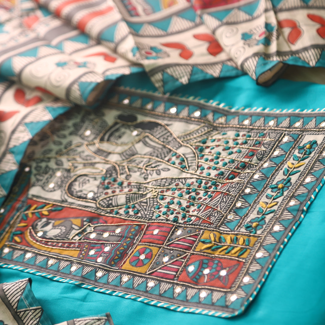 Vastra Teal Aqua Madhubani Patch with Spiral Jam Cotton Satin Suit Set