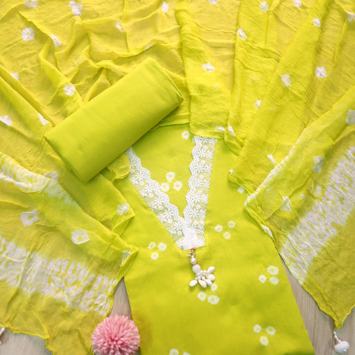 Maduri Parrot Green Lace in V Neck with Shell Bandhej Work Cotton Suit Set