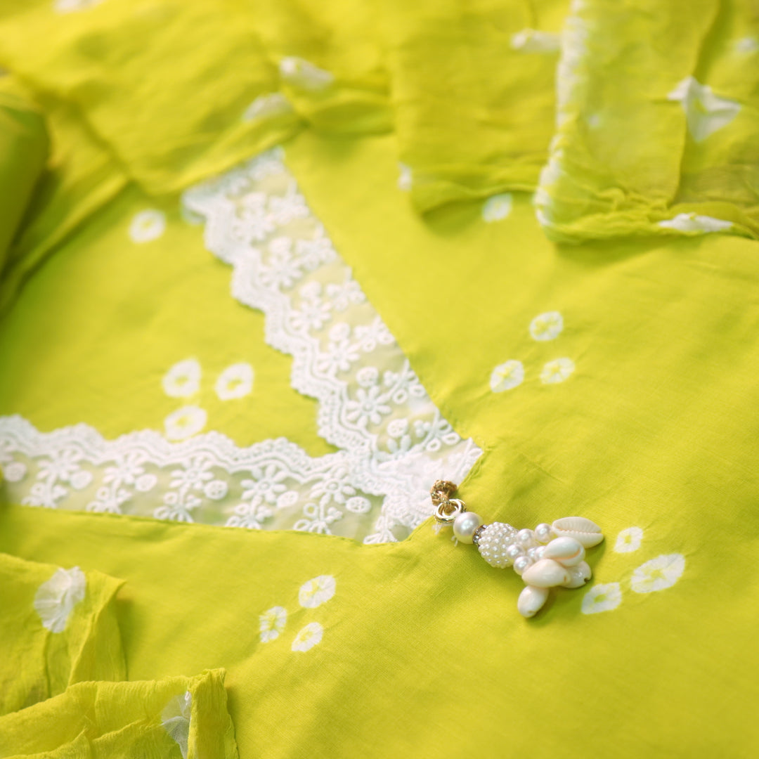 Maduri Parrot Green Lace in V Neck with Shell Bandhej Work Cotton Suit Set