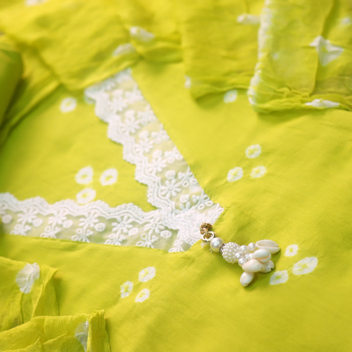 Maduri Parrot Green Lace in V Neck with Shell Bandhej Work Cotton Suit Set