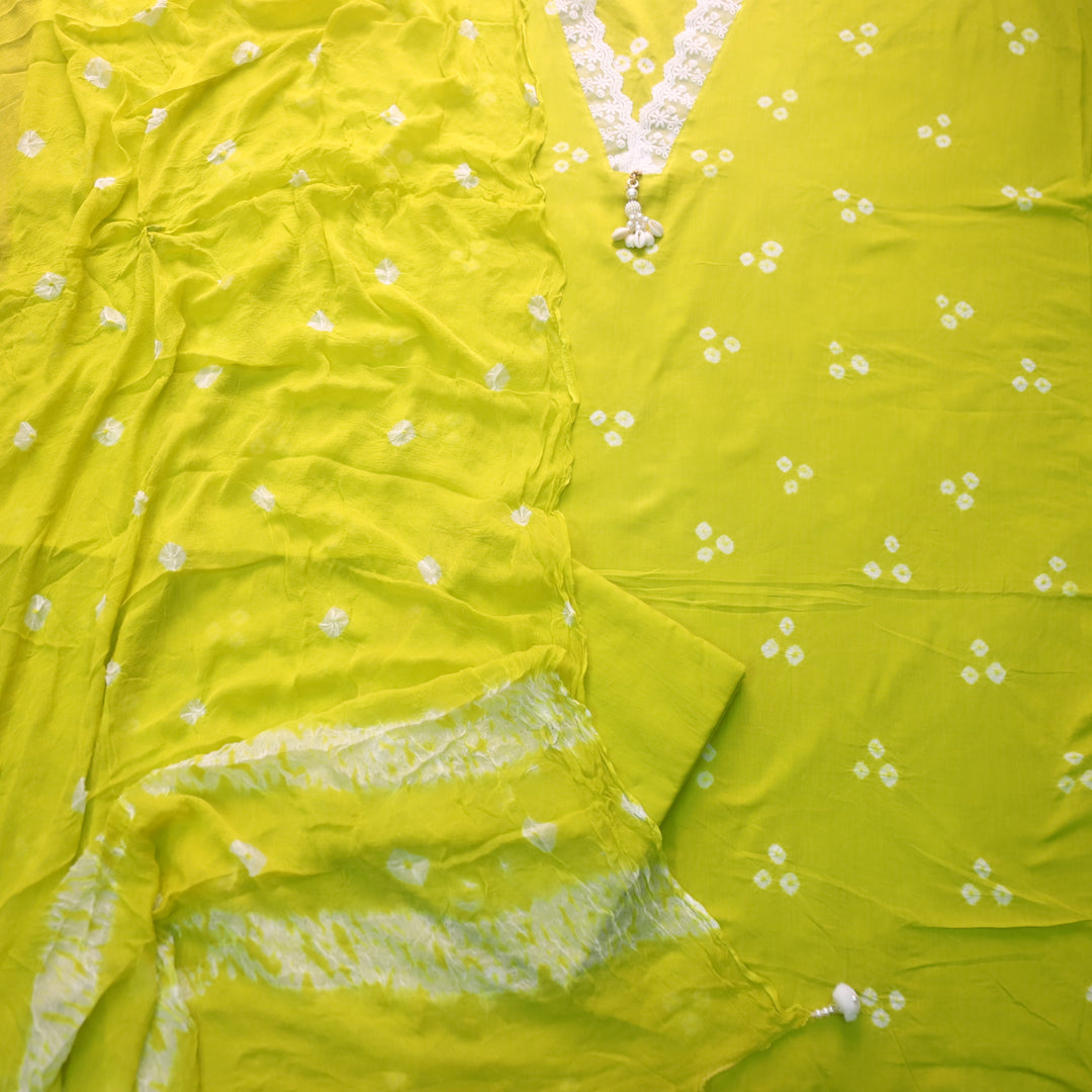 Maduri Parrot Green Lace in V Neck with Shell Bandhej Work Cotton Suit Set