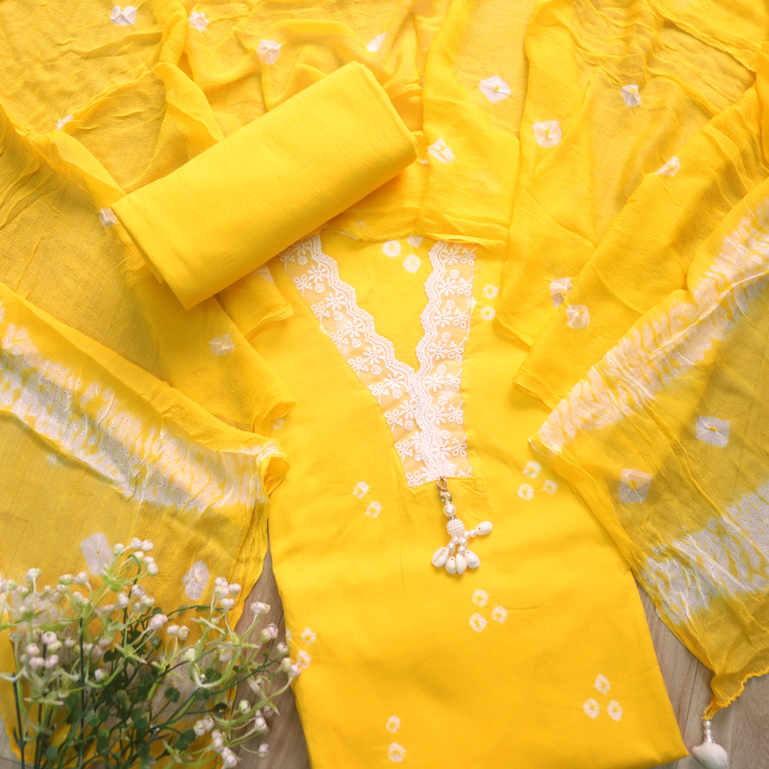 Maduri Corn Yellow Lace in V Neck with Shell Bandhej Work Cotton Suit Set