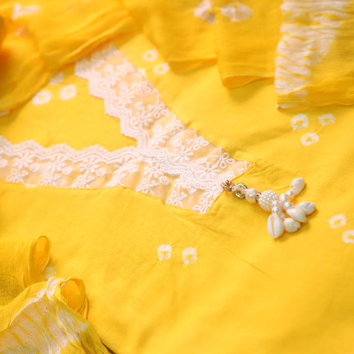 Maduri Corn Yellow Lace in V Neck with Shell Bandhej Work Cotton Suit Set