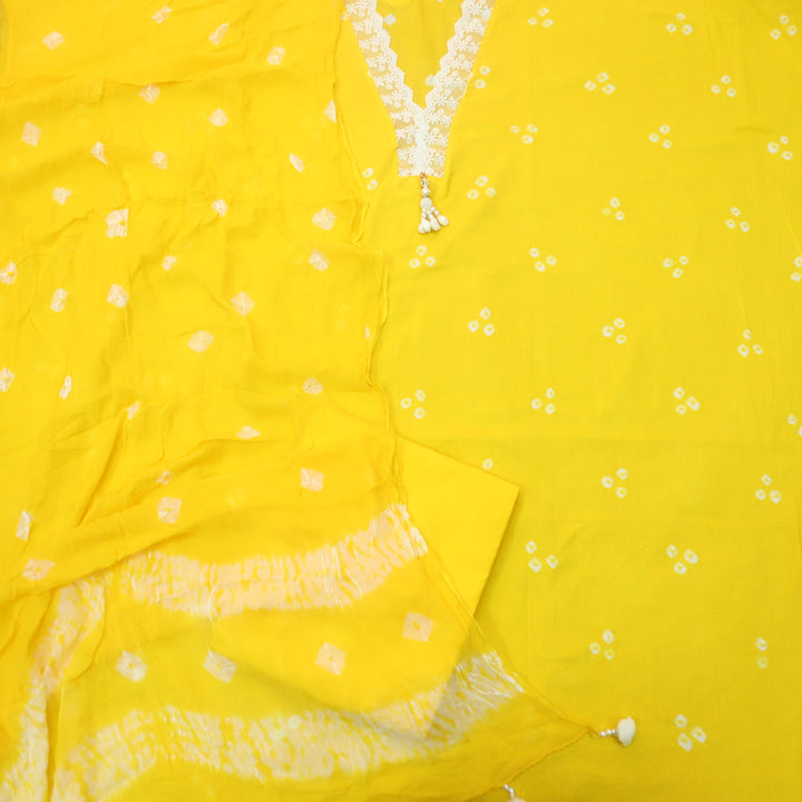 Maduri Corn Yellow Lace in V Neck with Shell Bandhej Work Cotton Suit Set