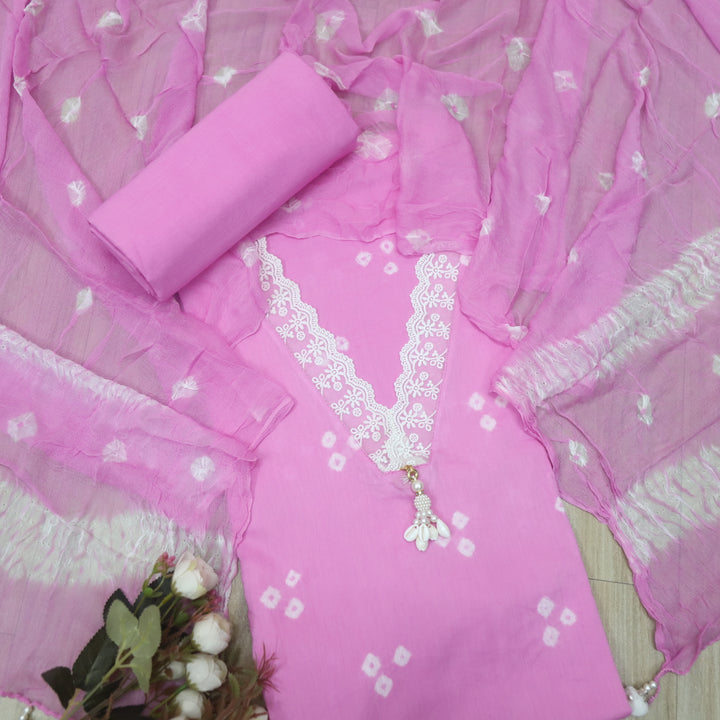 Maduri Taffy Pink Lace in V Neck with Shell Bandhej Work Cotton Suit Set