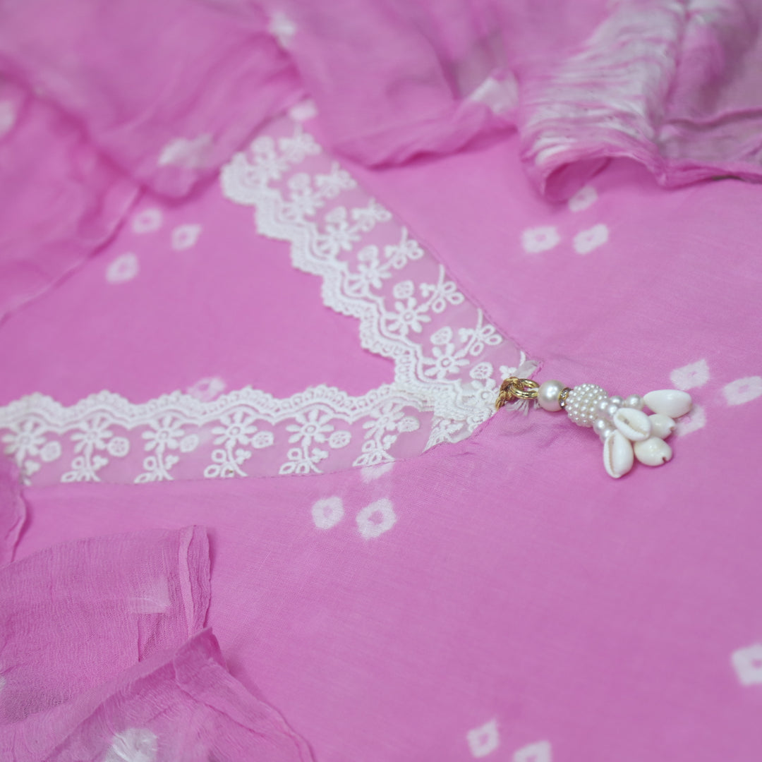 Maduri Taffy Pink Lace in V Neck with Shell Bandhej Work Cotton Suit Set