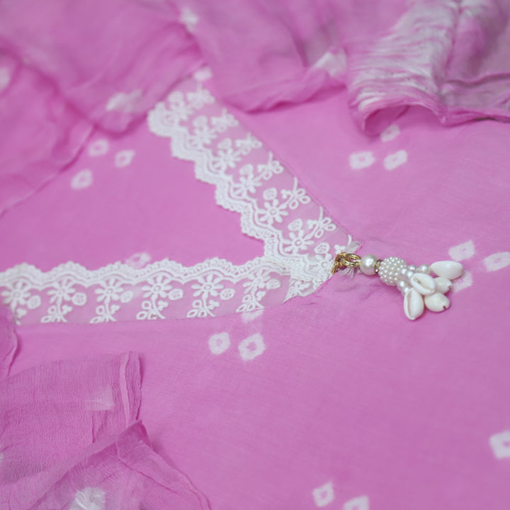 Maduri Taffy Pink Lace in V Neck with Shell Bandhej Work Cotton Suit Set