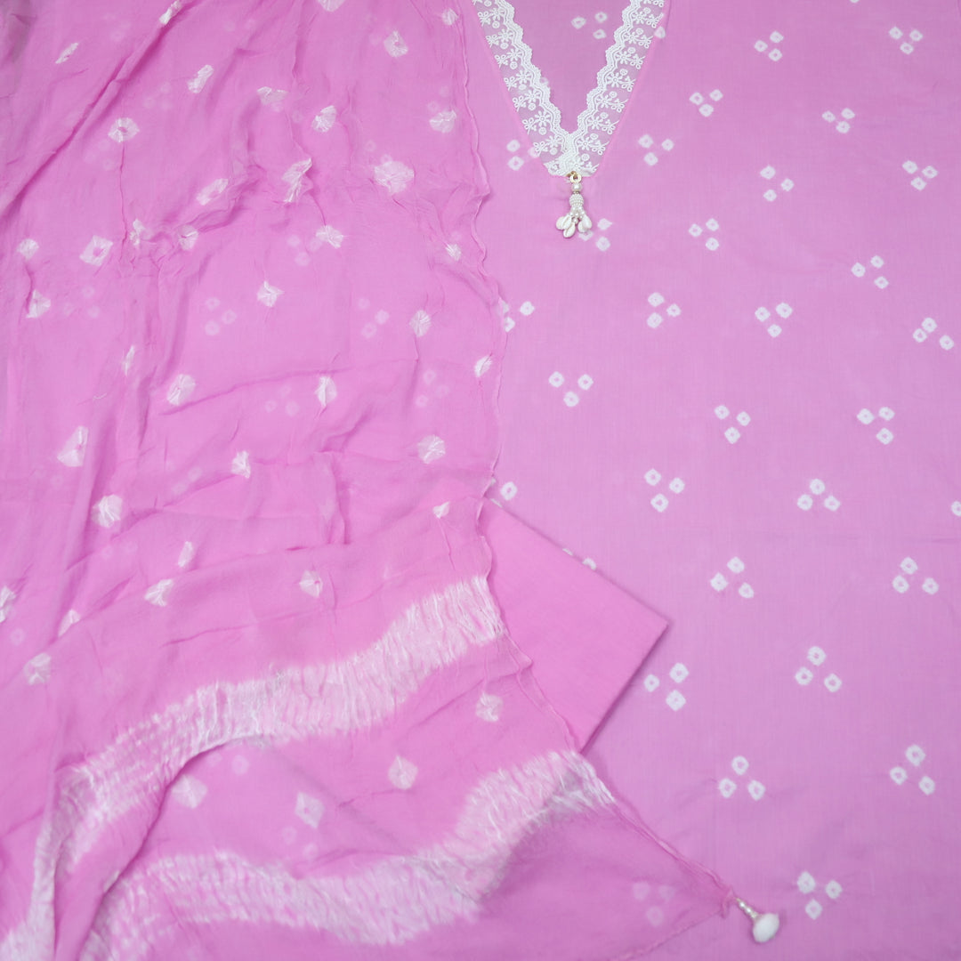 Maduri Taffy Pink Lace in V Neck with Shell Bandhej Work Cotton Suit Set