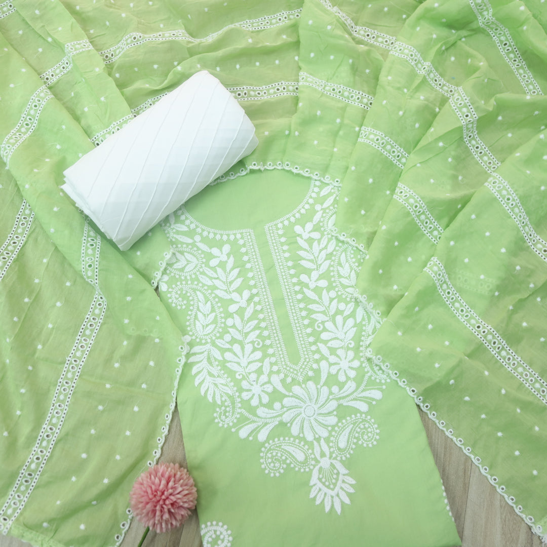 Apurav Mint Green Chikankari inspired Neck Work Cotton Suit Set