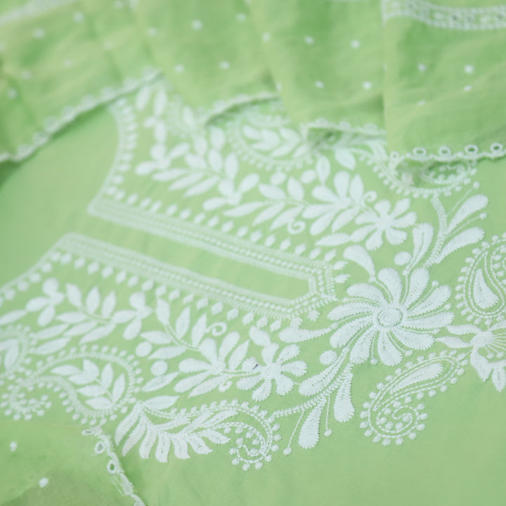 Apurav Mint Green Chikankari inspired Neck Work Cotton Suit Set
