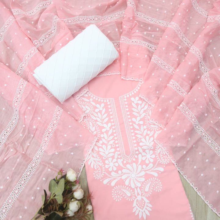 Apurav Baby Peach Chikankari inspired Neck Work Cotton Suit Set