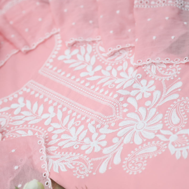 Apurav Baby Peach Chikankari inspired Neck Work Cotton Suit Set
