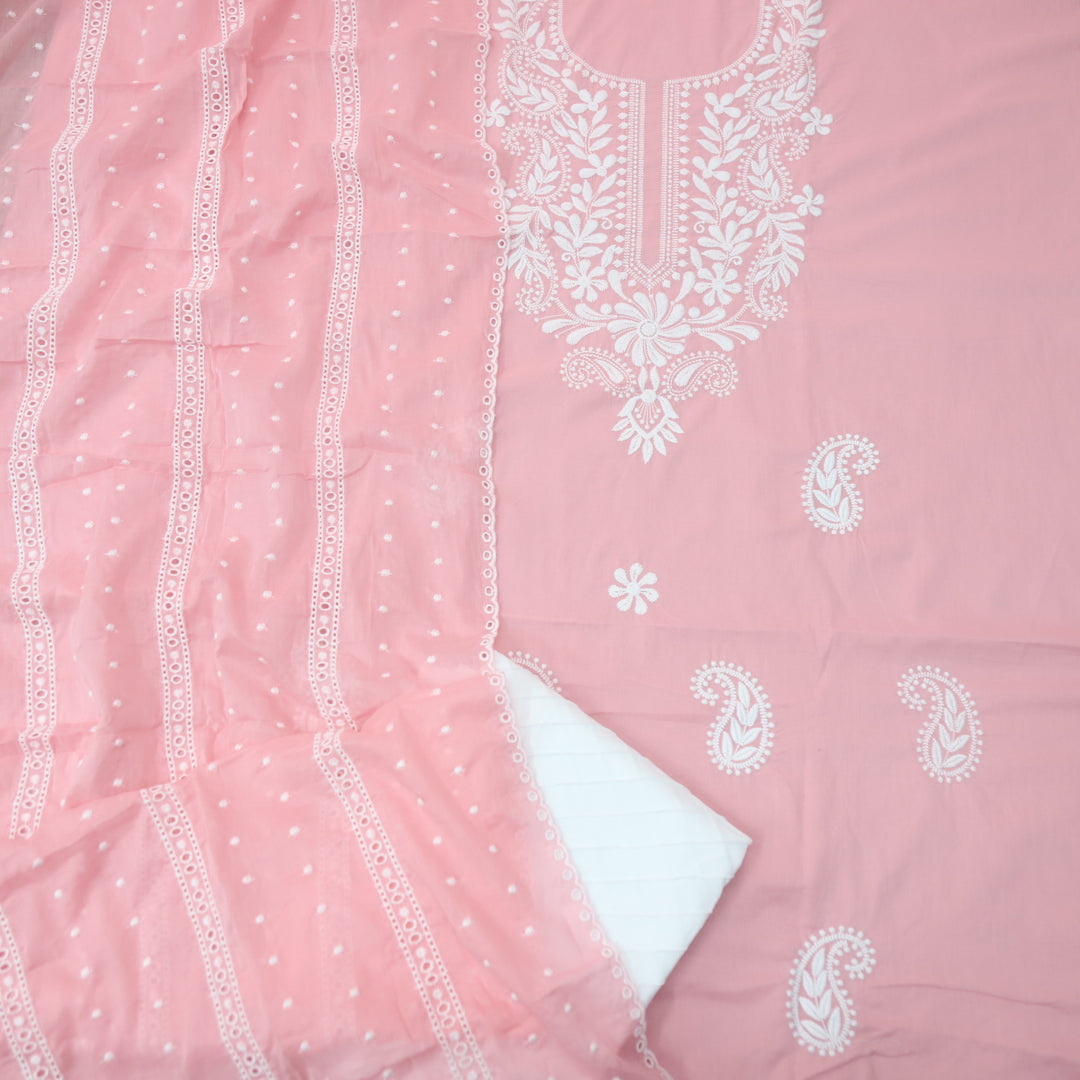 Apurav Baby Peach Chikankari inspired Neck Work Cotton Suit Set