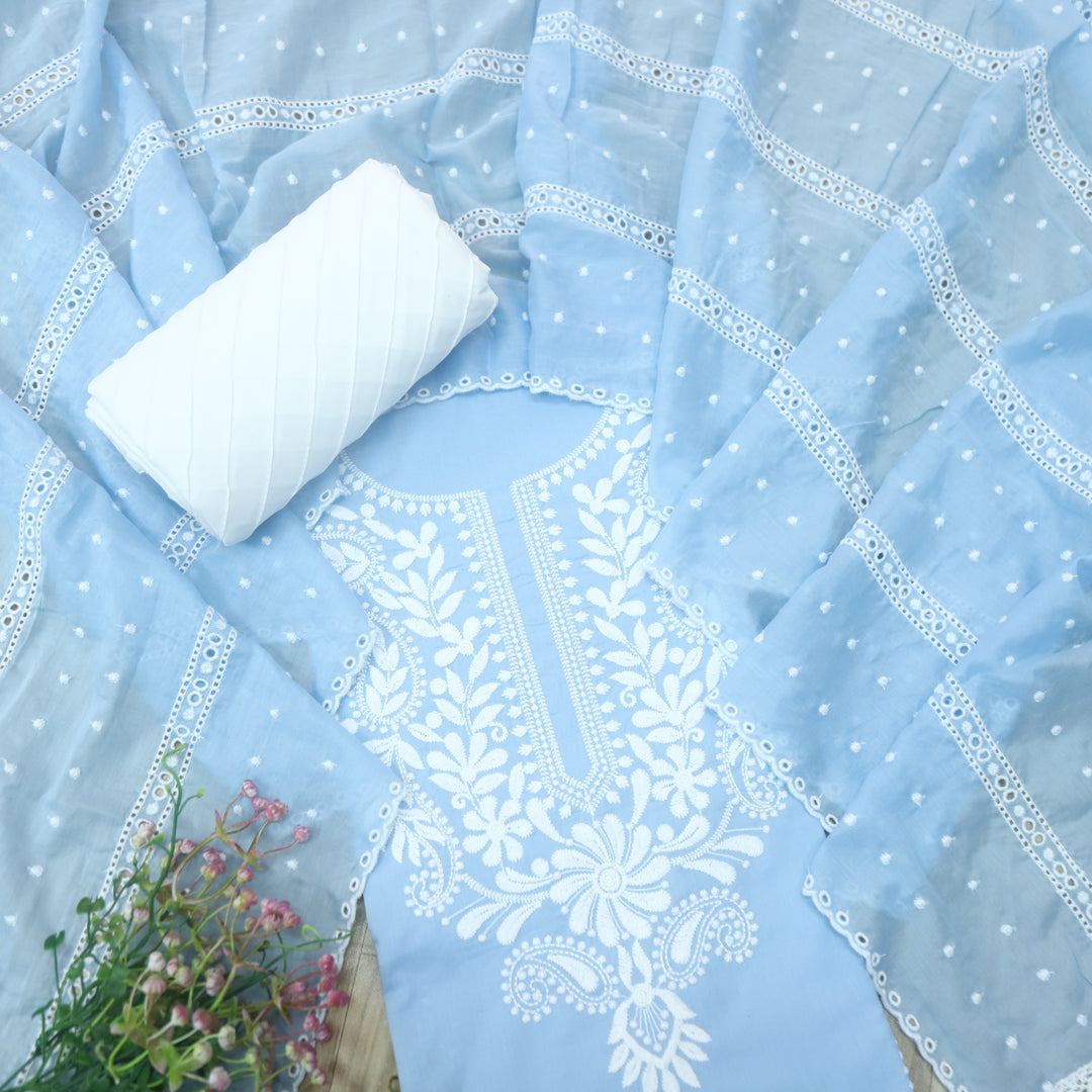 Apurav Baby Blue Chikankari inspired Neck Work Cotton Suit Set