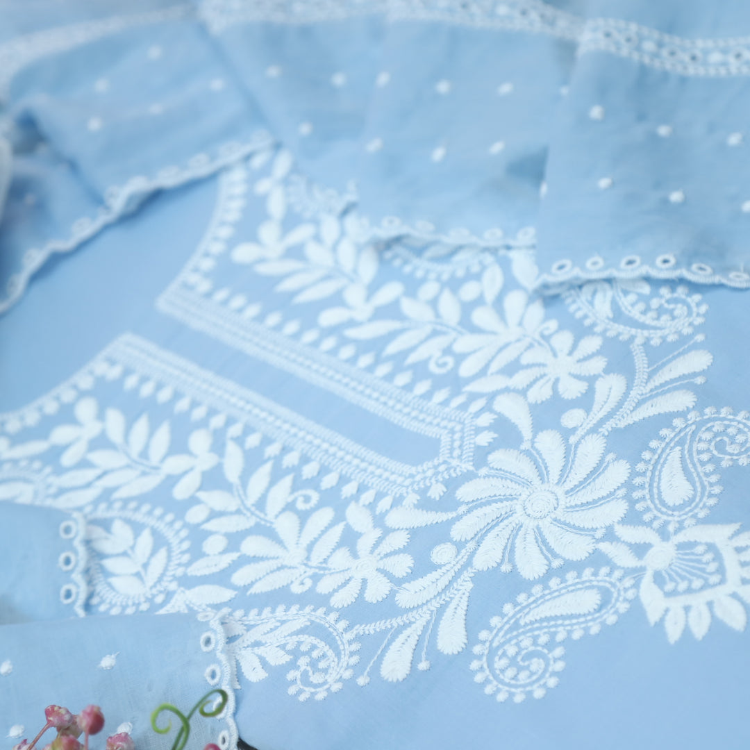 Apurav Baby Blue Chikankari inspired Neck Work Cotton Suit Set