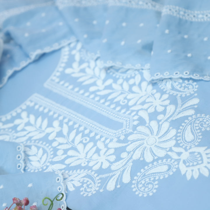 Apurav Baby Blue Chikankari inspired Neck Work Cotton Suit Set