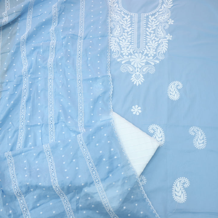 Apurav Baby Blue Chikankari inspired Neck Work Cotton Suit Set