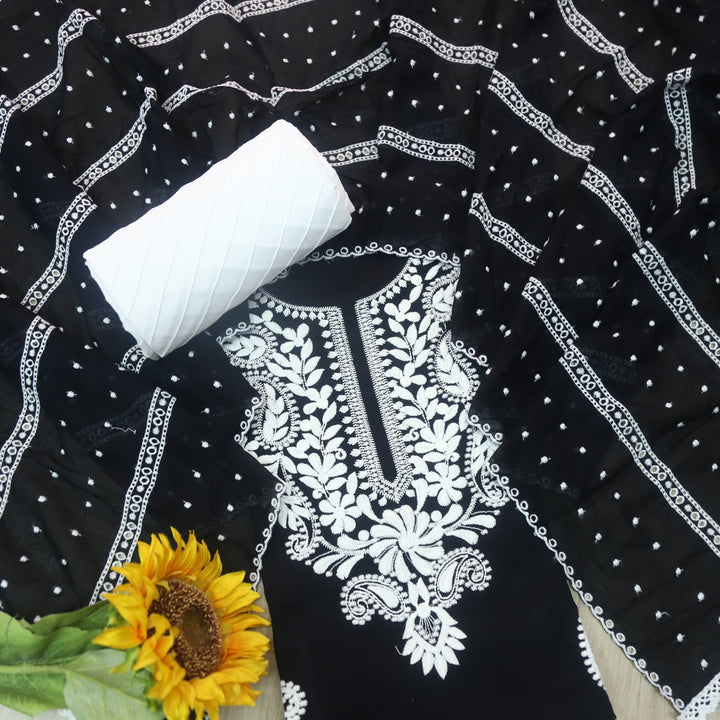 Apurav Raven Black Chikankari inspired Neck Work Cotton Suit Set