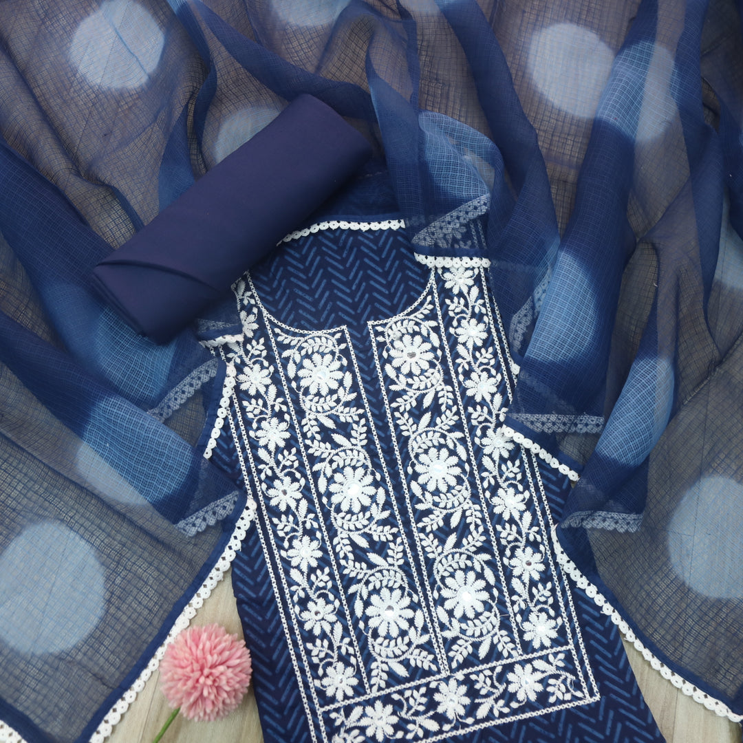 Riwayaat Dark Blue Chikankari inspired Neck Work Printed Cotton Suit Set