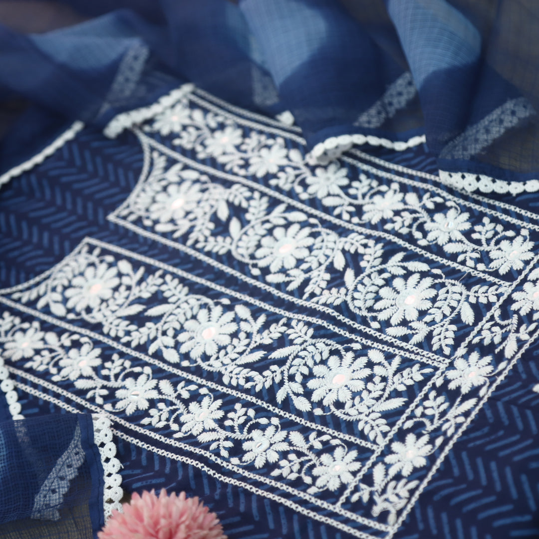Riwayaat Dark Blue Chikankari inspired Neck Work Printed Cotton Suit Set
