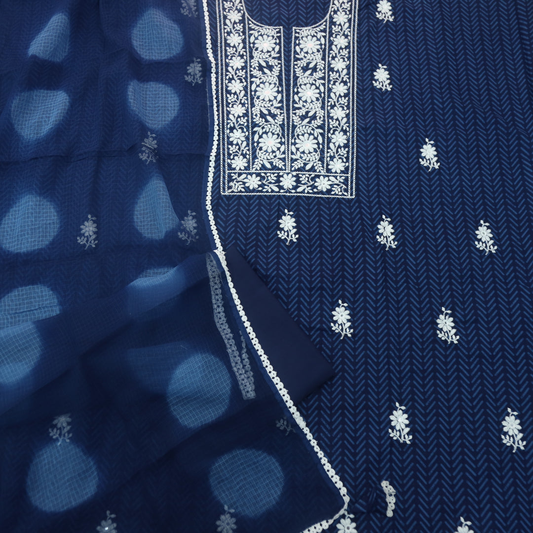 Riwayaat Dark Blue Chikankari inspired Neck Work Printed Cotton Suit Set